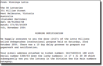 Online lottery scam email